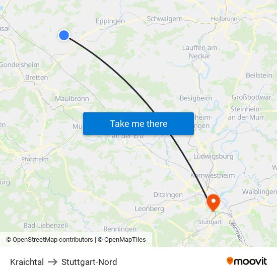 Kraichtal to Stuttgart-Nord map