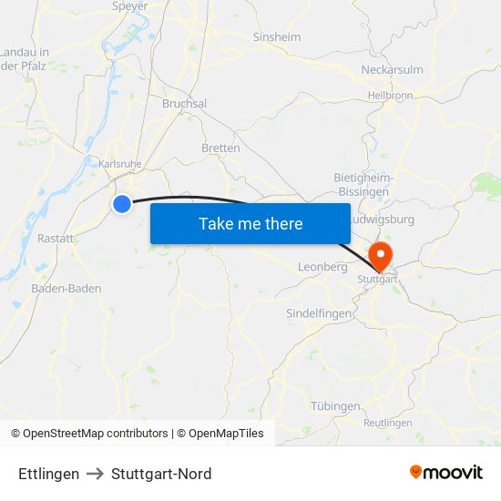 Ettlingen to Stuttgart-Nord map