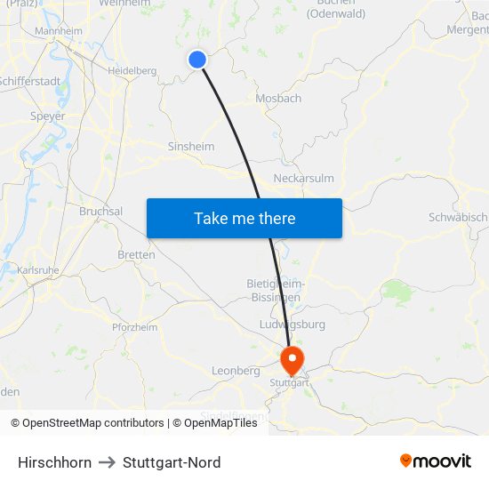 Hirschhorn to Stuttgart-Nord map