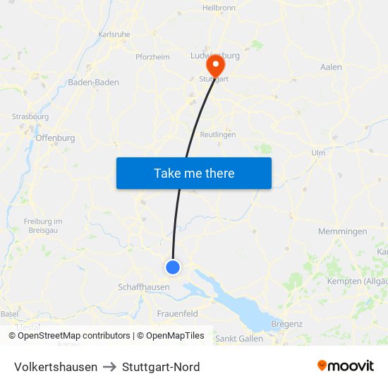 Volkertshausen to Stuttgart-Nord map