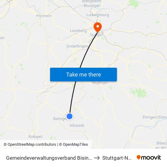 Gemeindeverwaltungsverband Bisingen to Stuttgart-Nord map