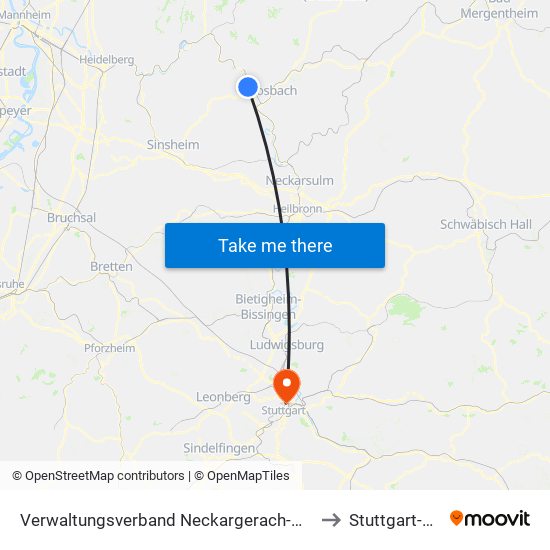 Verwaltungsverband Neckargerach-Waldbrunn to Stuttgart-Nord map