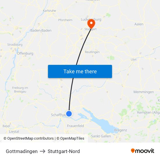 Gottmadingen to Stuttgart-Nord map