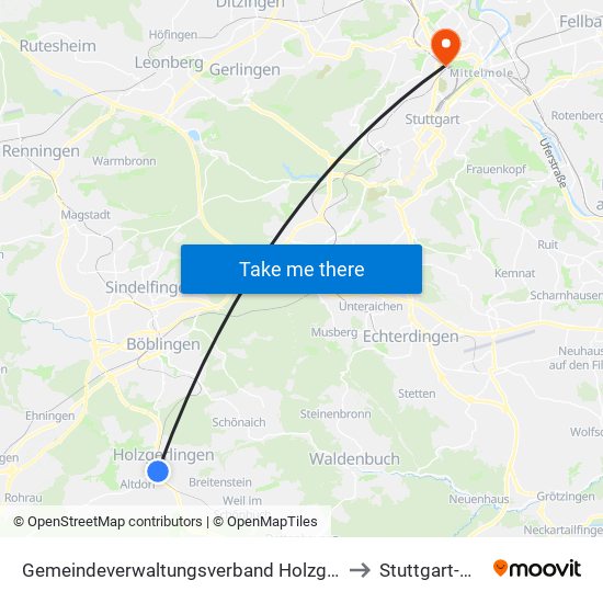 Gemeindeverwaltungsverband Holzgerlingen to Stuttgart-Nord map