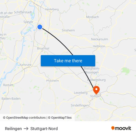 Reilingen to Stuttgart-Nord map
