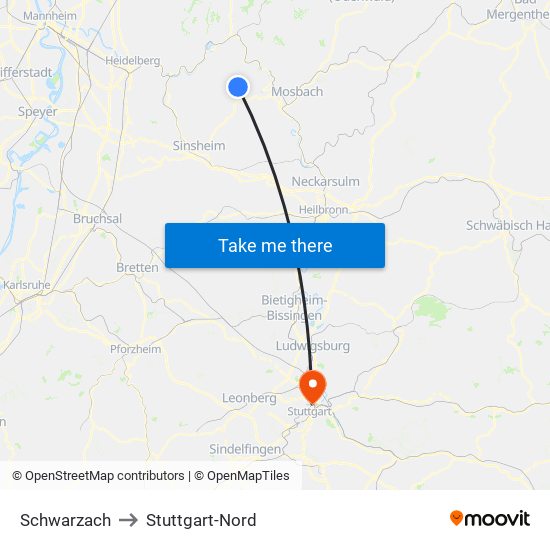 Schwarzach to Stuttgart-Nord map