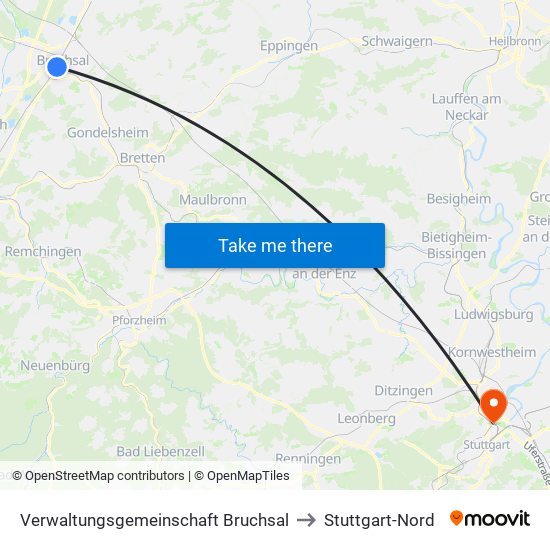 Verwaltungsgemeinschaft Bruchsal to Stuttgart-Nord map