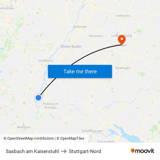 Sasbach am Kaiserstuhl to Stuttgart-Nord map