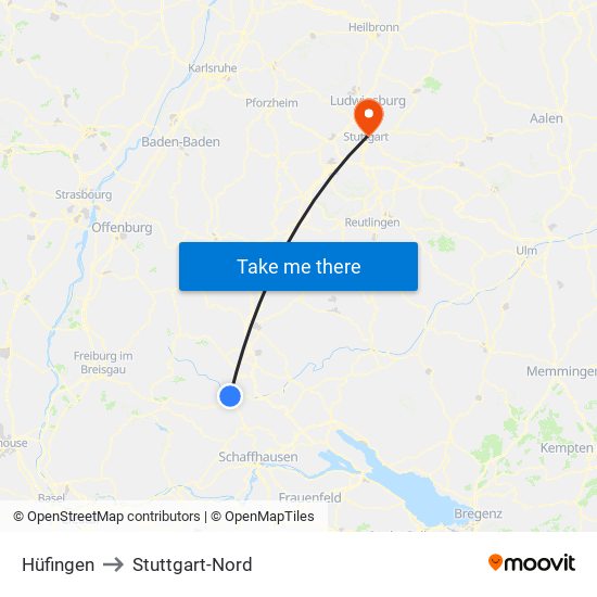 Hüfingen to Stuttgart-Nord map