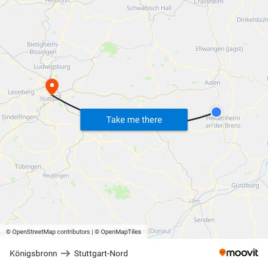 Königsbronn to Stuttgart-Nord map