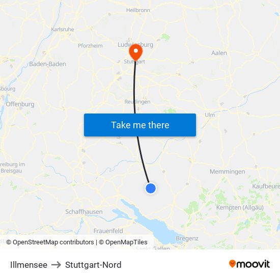 Illmensee to Stuttgart-Nord map