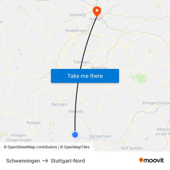 Schwenningen to Stuttgart-Nord map