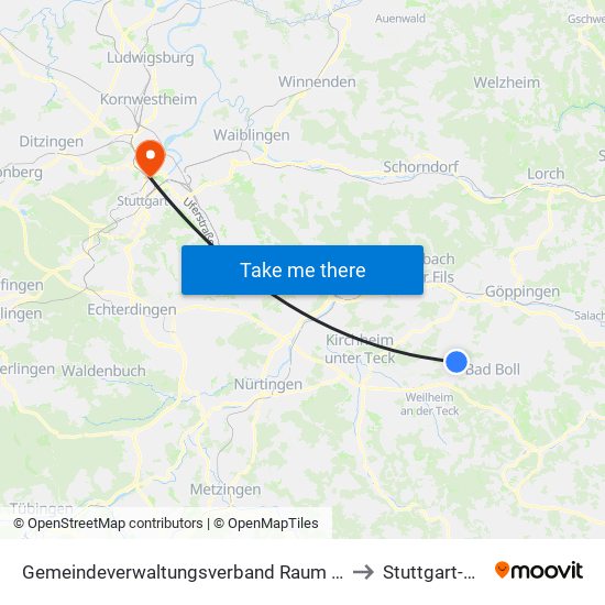 Gemeindeverwaltungsverband Raum Bad Boll to Stuttgart-Nord map