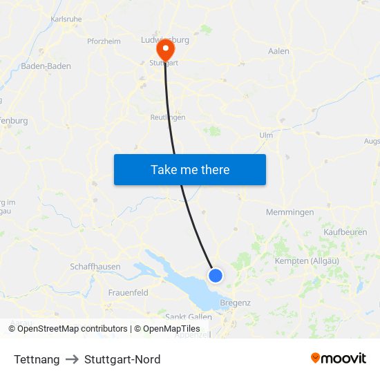 Tettnang to Stuttgart-Nord map