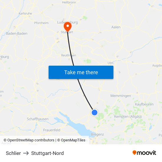 Schlier to Stuttgart-Nord map