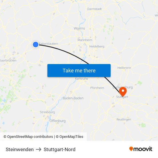 Steinwenden to Stuttgart-Nord map