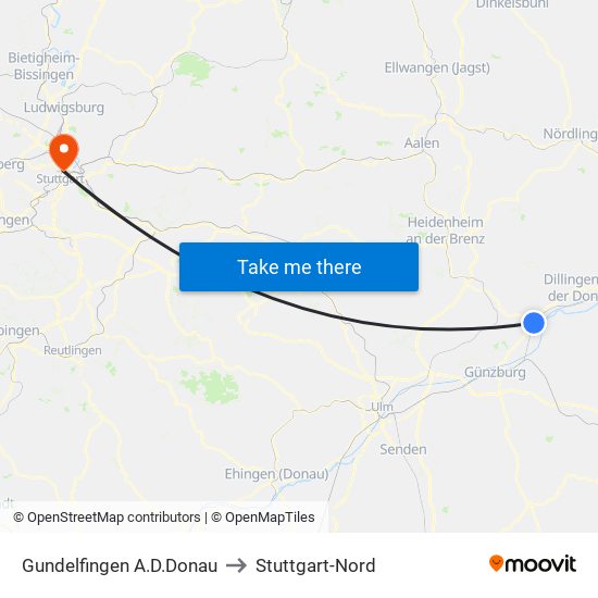 Gundelfingen A.D.Donau to Stuttgart-Nord map