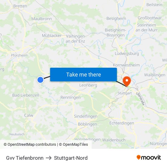 Gvv Tiefenbronn to Stuttgart-Nord map