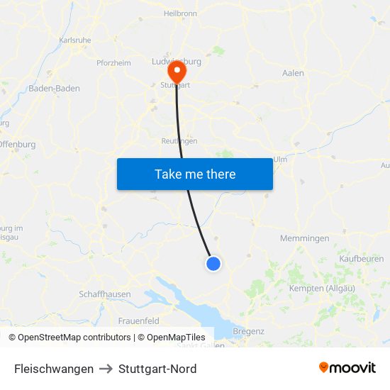 Fleischwangen to Stuttgart-Nord map