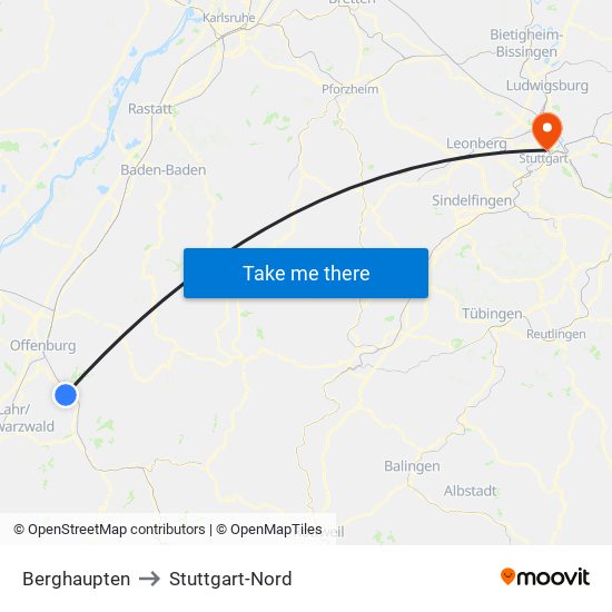 Berghaupten to Stuttgart-Nord map