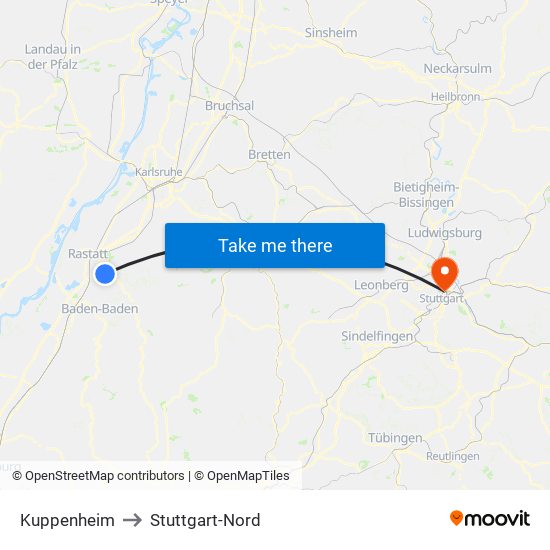 Kuppenheim to Stuttgart-Nord map