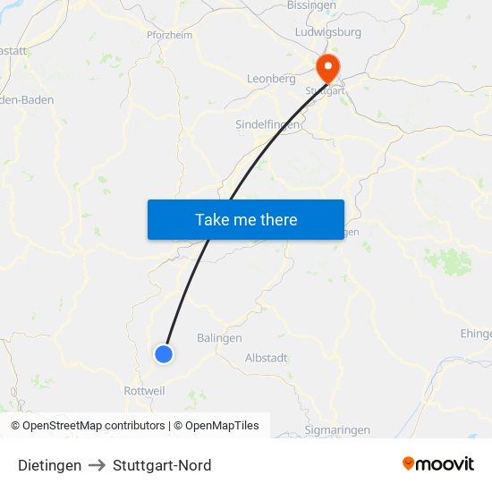 Dietingen to Stuttgart-Nord map