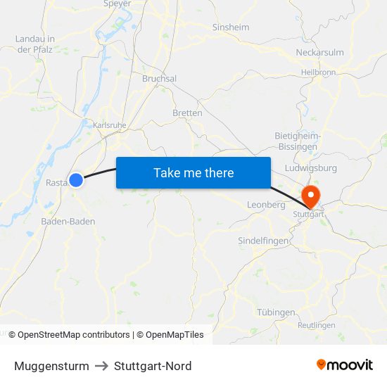 Muggensturm to Stuttgart-Nord map