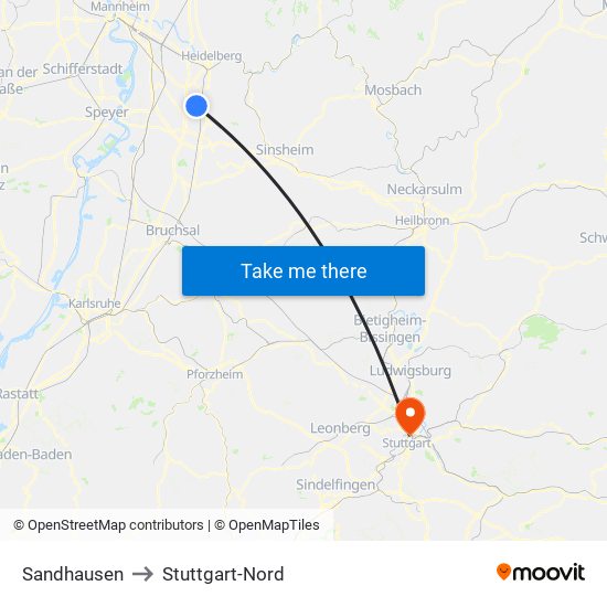 Sandhausen to Stuttgart-Nord map