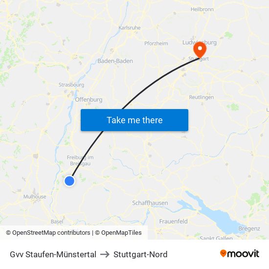 Gvv Staufen-Münstertal to Stuttgart-Nord map