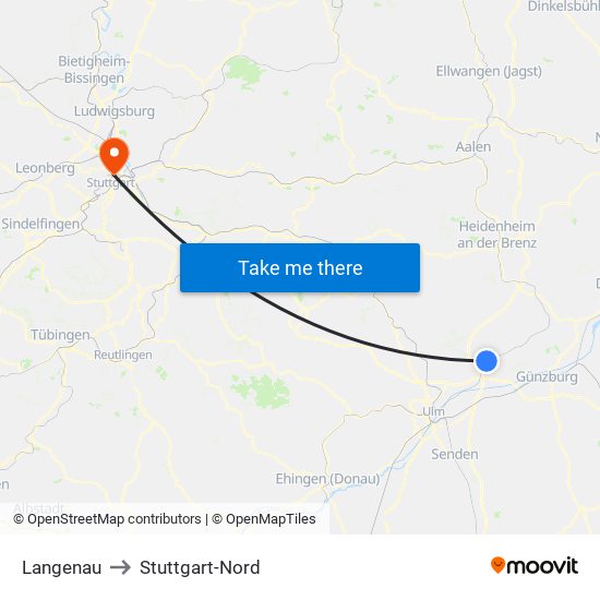 Langenau to Stuttgart-Nord map