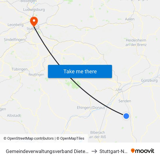 Gemeindeverwaltungsverband Dietenheim to Stuttgart-Nord map