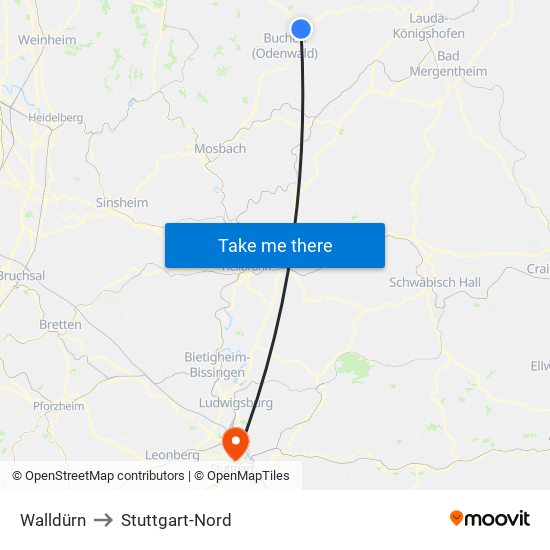 Walldürn to Stuttgart-Nord map