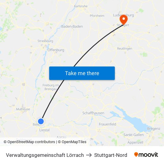 Verwaltungsgemeinschaft Lörrach to Stuttgart-Nord map