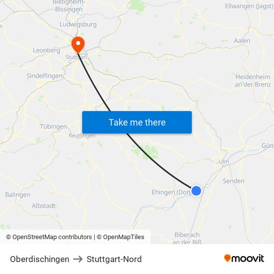 Oberdischingen to Stuttgart-Nord map