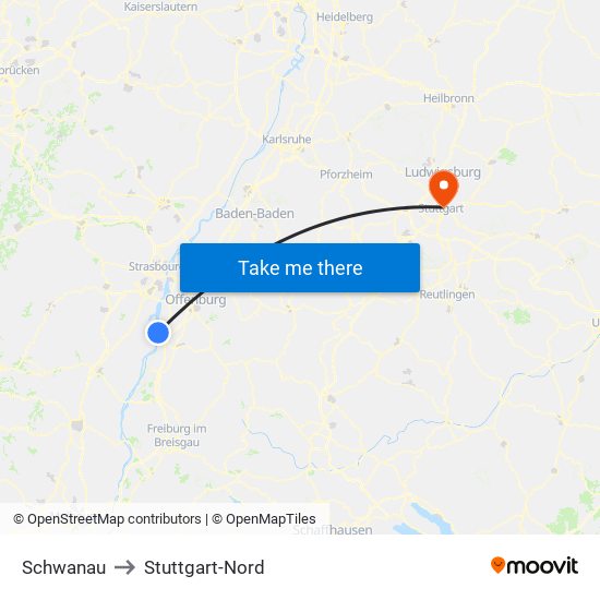 Schwanau to Stuttgart-Nord map