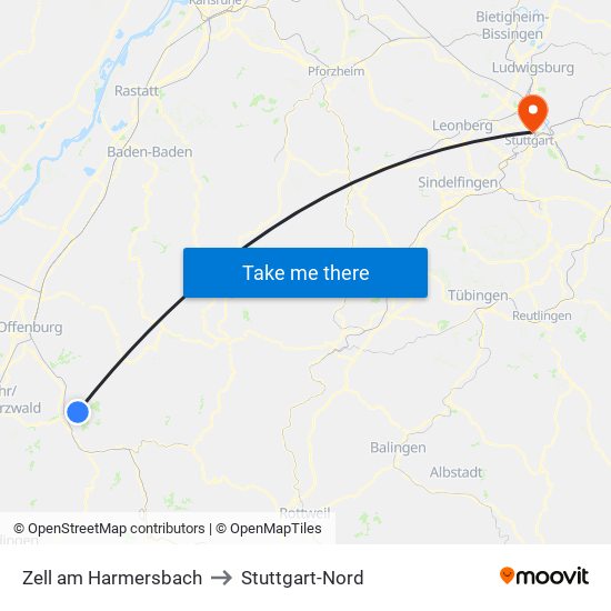 Zell am Harmersbach to Stuttgart-Nord map