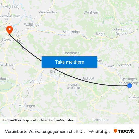 Vereinbarte Verwaltungsgemeinschaft Der Stadt Geislingen An Der Steige to Stuttgart-Nord map