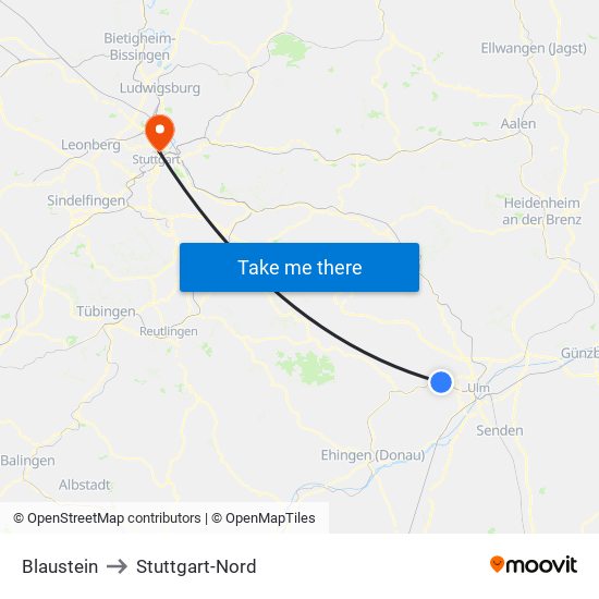 Blaustein to Stuttgart-Nord map