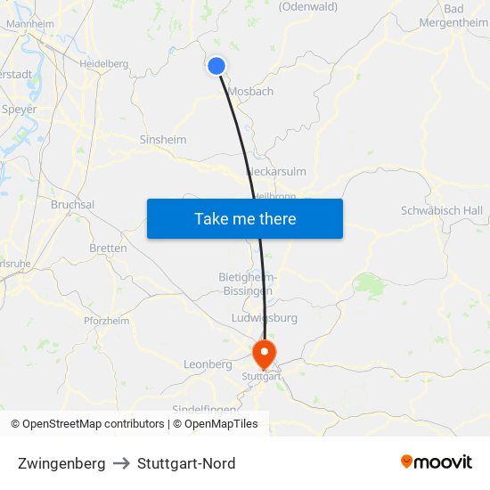 Zwingenberg to Stuttgart-Nord map