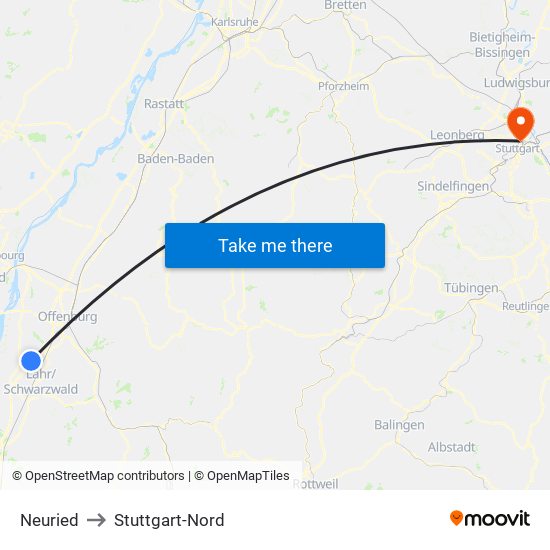 Neuried to Stuttgart-Nord map