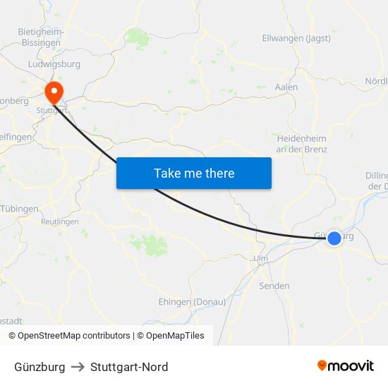 Günzburg to Stuttgart-Nord map