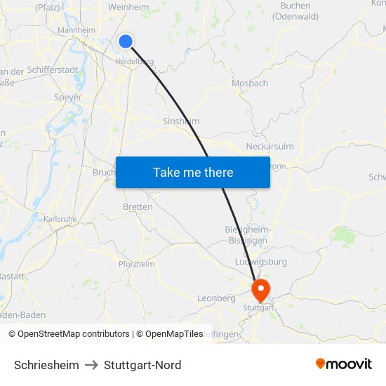 Schriesheim to Stuttgart-Nord map