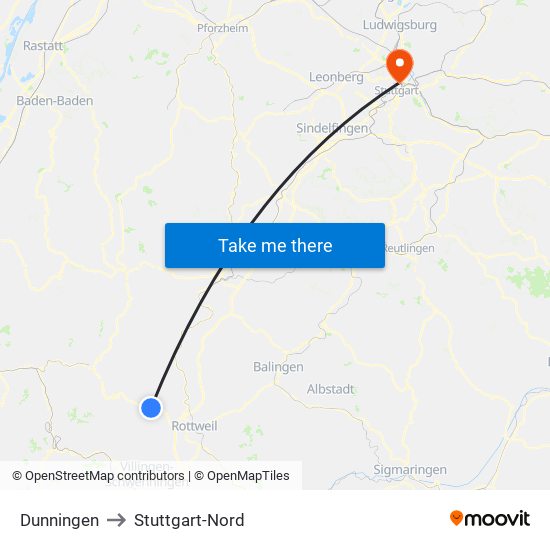 Dunningen to Stuttgart-Nord map