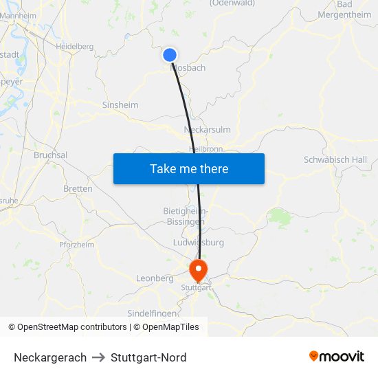 Neckargerach to Stuttgart-Nord map