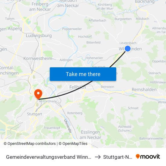 Gemeindeverwaltungsverband Winnenden to Stuttgart-Nord map