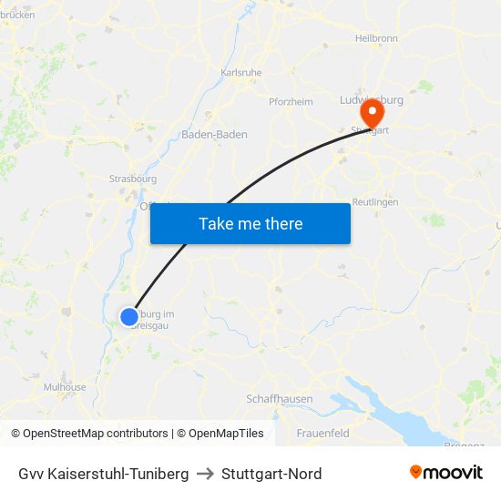 Gvv Kaiserstuhl-Tuniberg to Stuttgart-Nord map