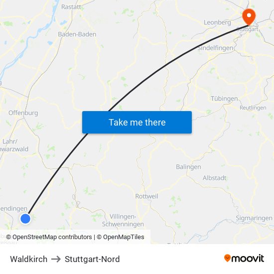 Waldkirch to Stuttgart-Nord map