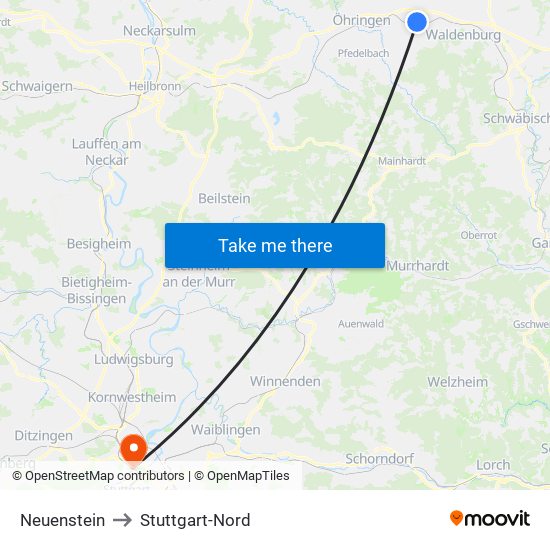 Neuenstein to Stuttgart-Nord map