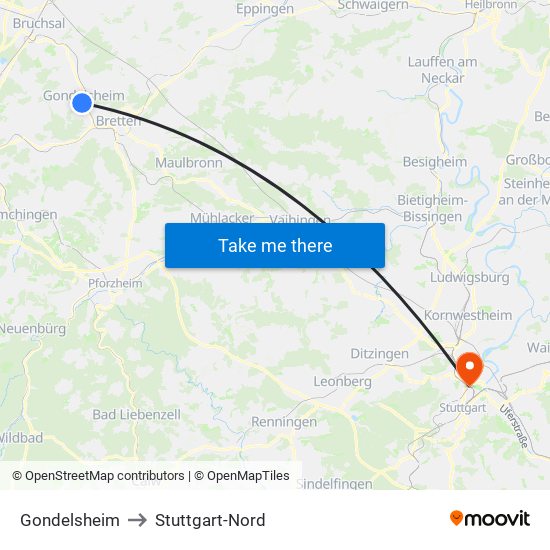 Gondelsheim to Stuttgart-Nord map