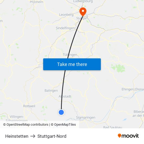 Heinstetten to Stuttgart-Nord map